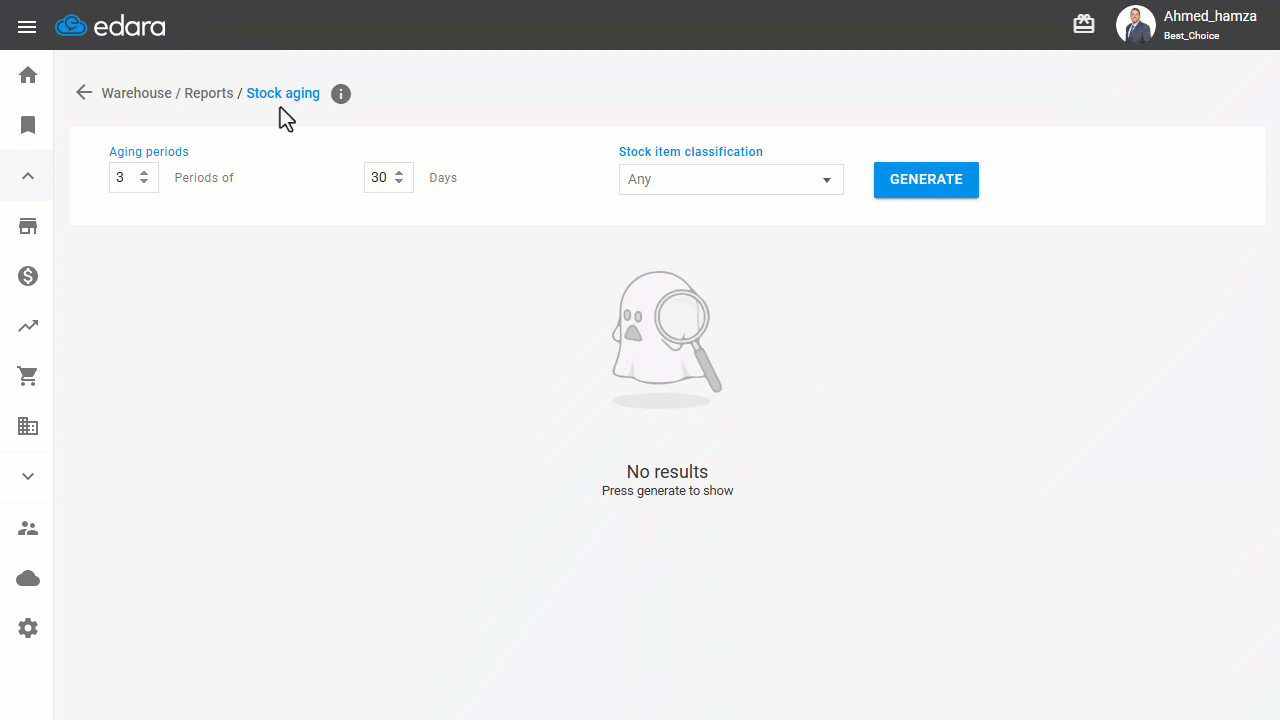 Displaying the Stock Aging Report — Click on “Generate”.