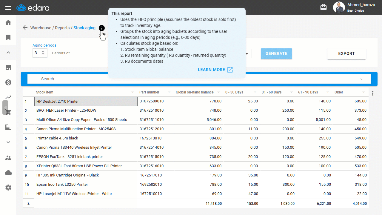 Displaying the Stock Aging Report — Click on “Generate”.