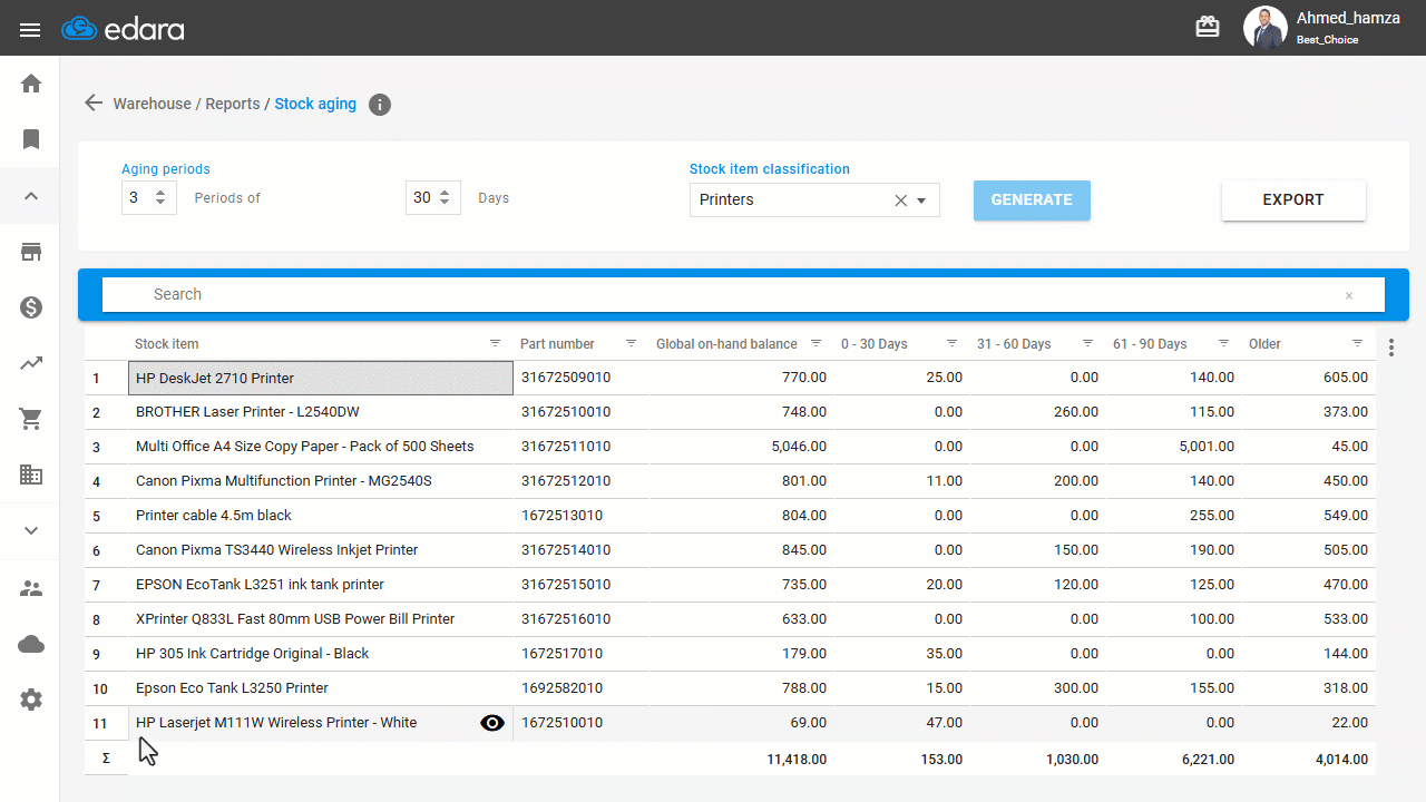 Displaying the Stock Aging Report — Click on “Generate”.