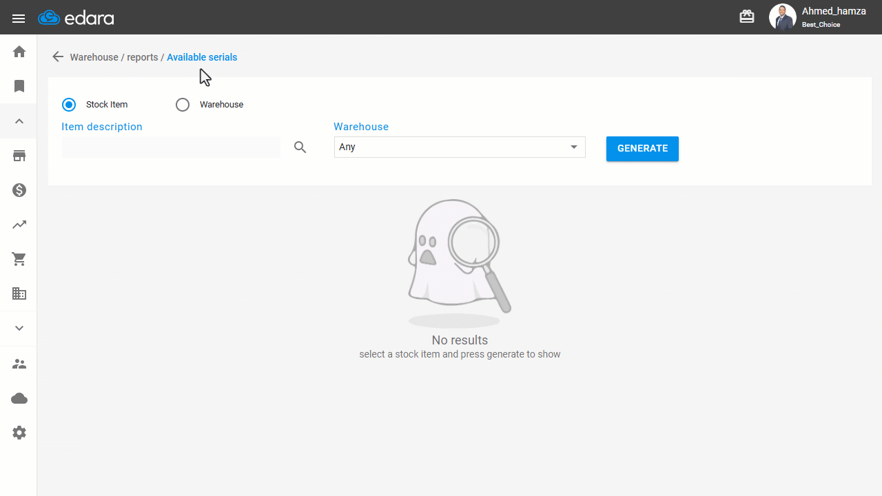 1. View Available Serials by Stock Item — Click on “Generate”.