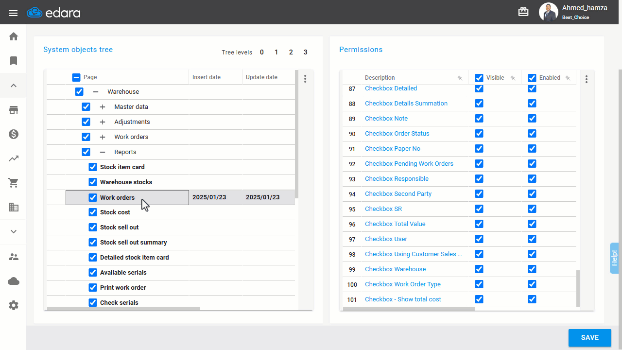 Granting Permission to View warehouse Document Costs — Click “Save”.