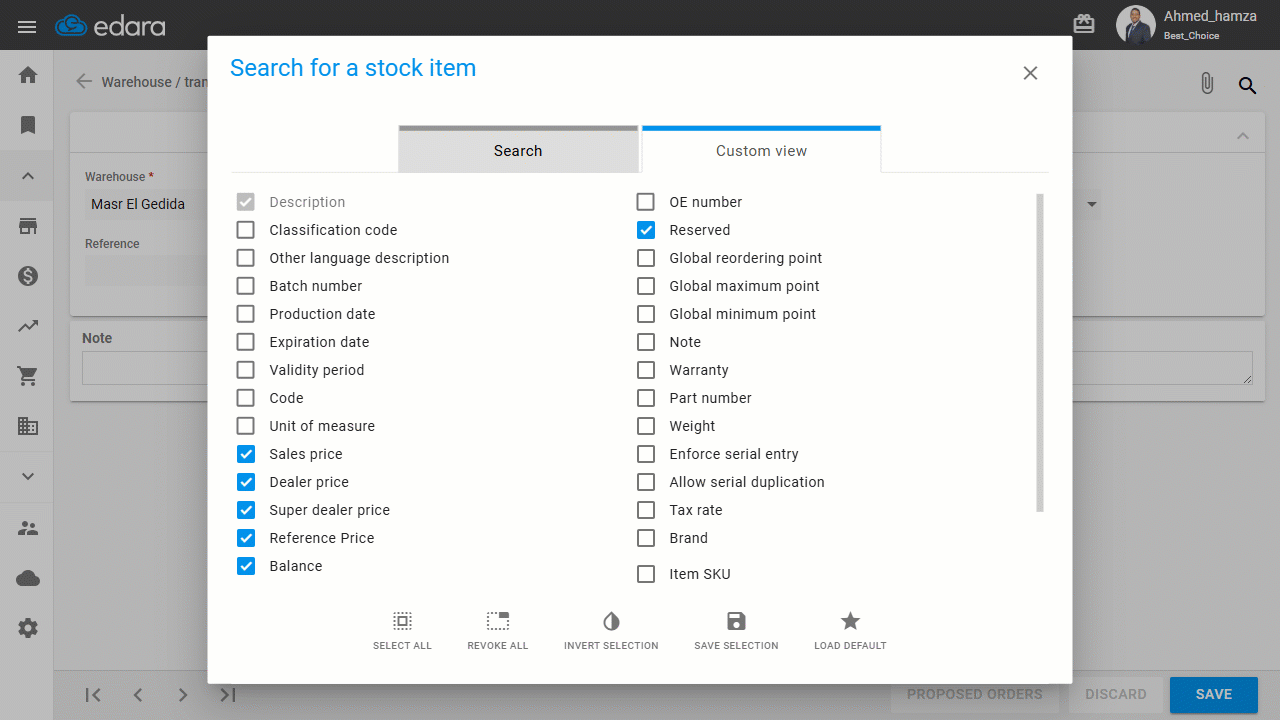 1- Search Window for Stock Items in Warehouse Documents — After completing these steps, the user will only see sales prices…