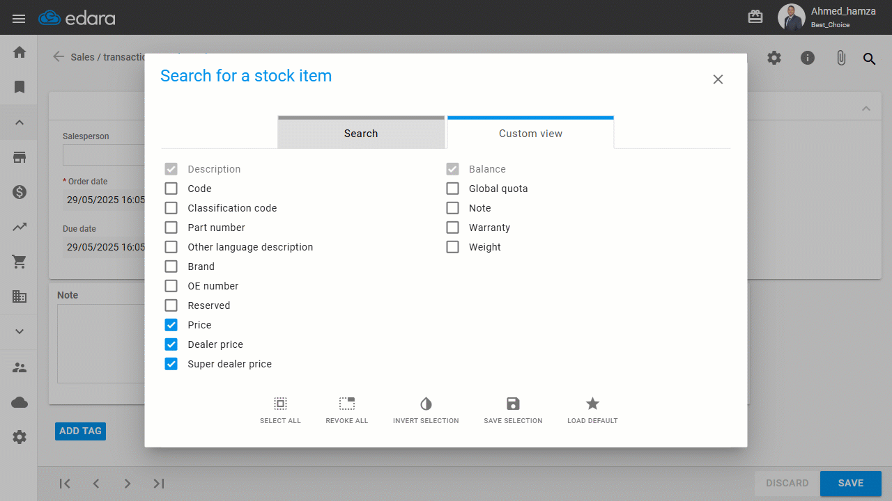 2- Search Window for Stock Items in Store Documents — After completing these steps, the user will only see sales prices…