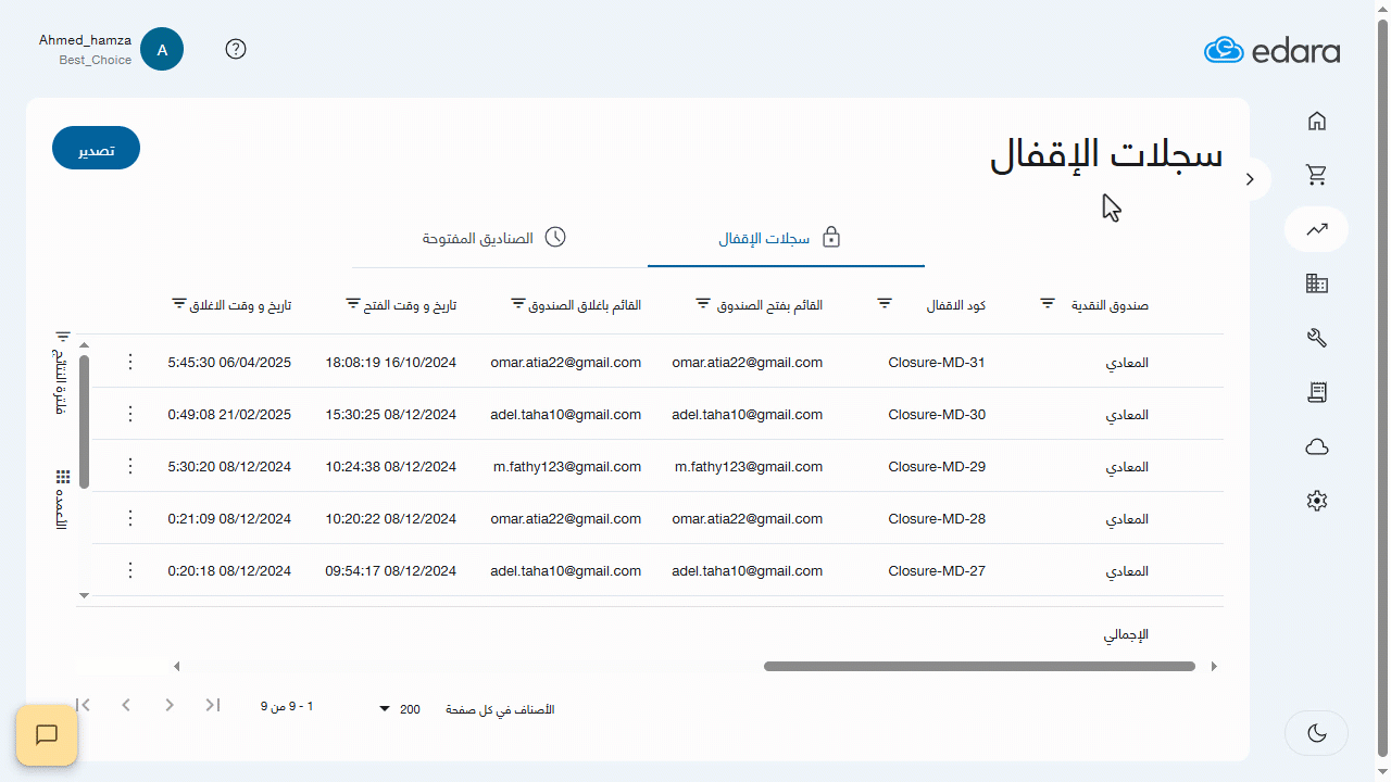 استعراض الصناديق المفتوحة — والأعمدة التي يمكنك استعراضها هنا هي: (صندوق النقدية - القائم بفتح الصندوق - تاريخ ووقت الفتح -…