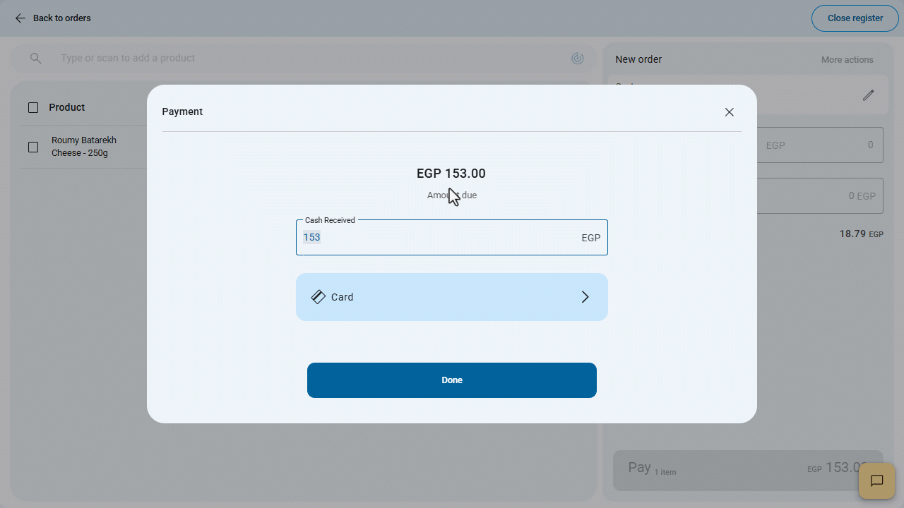 3- Split payment (cash + card) — Click on “Done”.