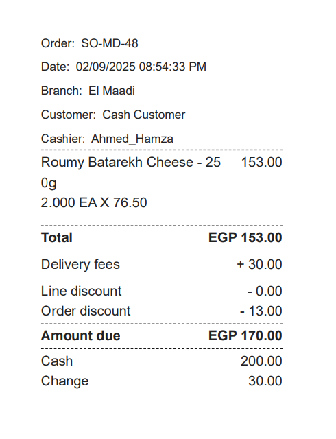 3- Split payment (cash + card) — Finally, the print template will appear if you selected it when creating the cash record…