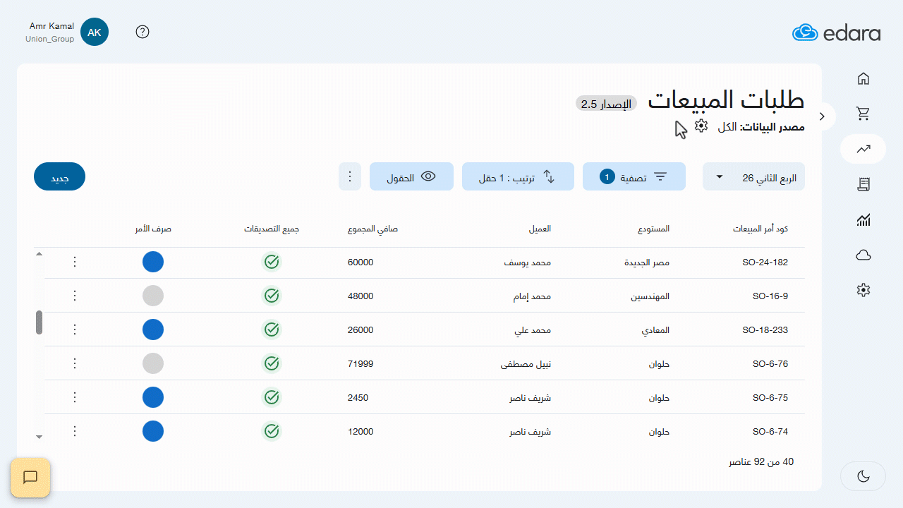 حفظ طريقة العرض في صفحة طلبات المبيعات — يمكنك إعادة تسمية العرض أو حذفه من خلال الضغط على قائمة العروض المتاحة، والوقوف…