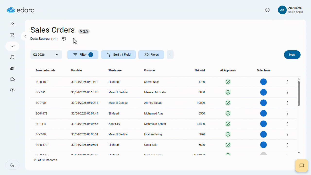 Saving a View on the Sales Orders Page — You can export a saved view by clicking on “⋮” then "Export".