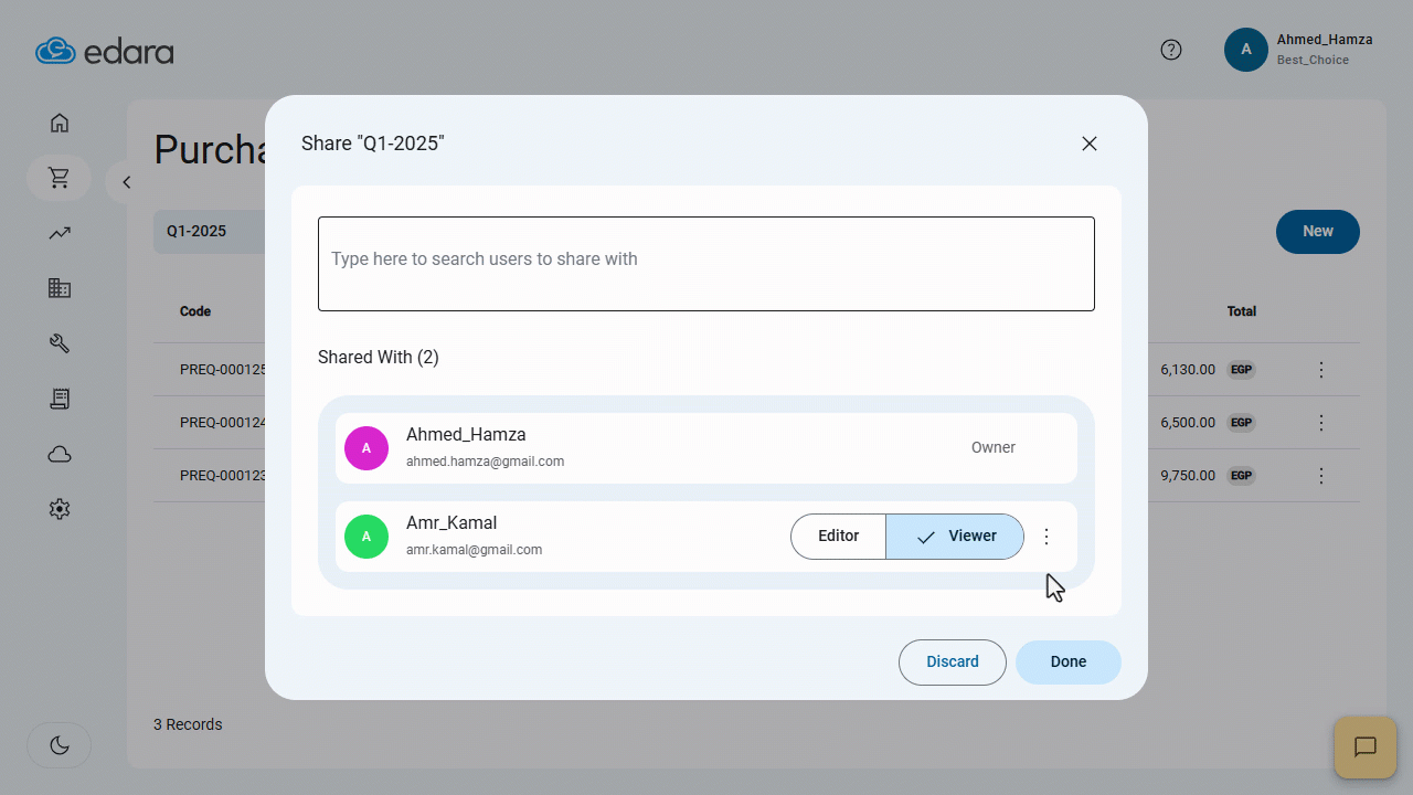 Sharing the Table View with Users — Click on "Share".