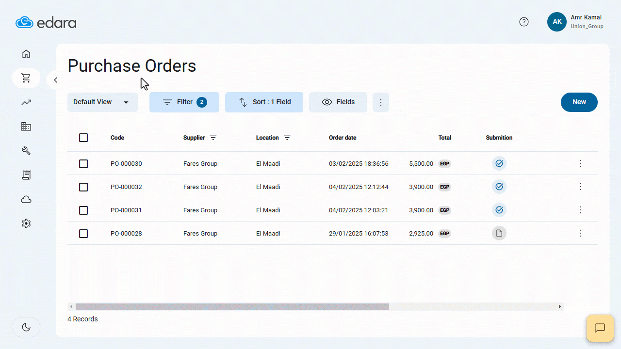Saving a View on the Purchase Orders Page — Click on “Save view”.