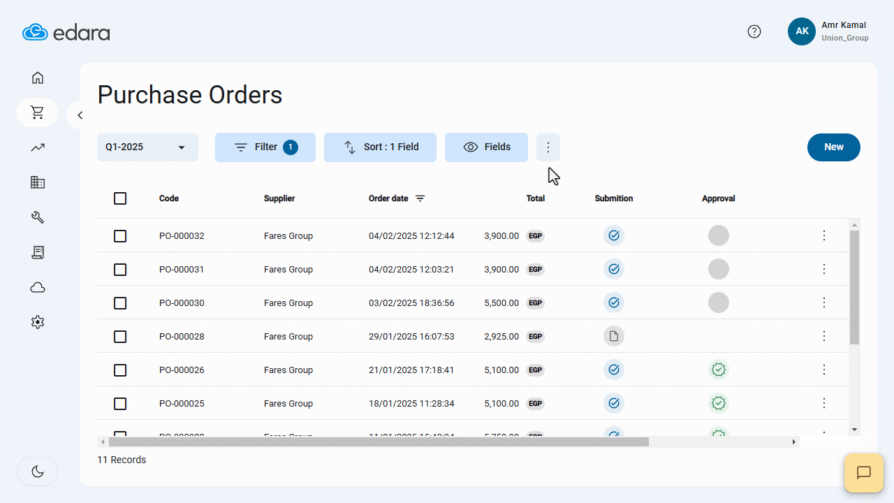 Saving a View on the Purchase Orders Page — You can export a saved view by clicking on “⋮”, then "Export".