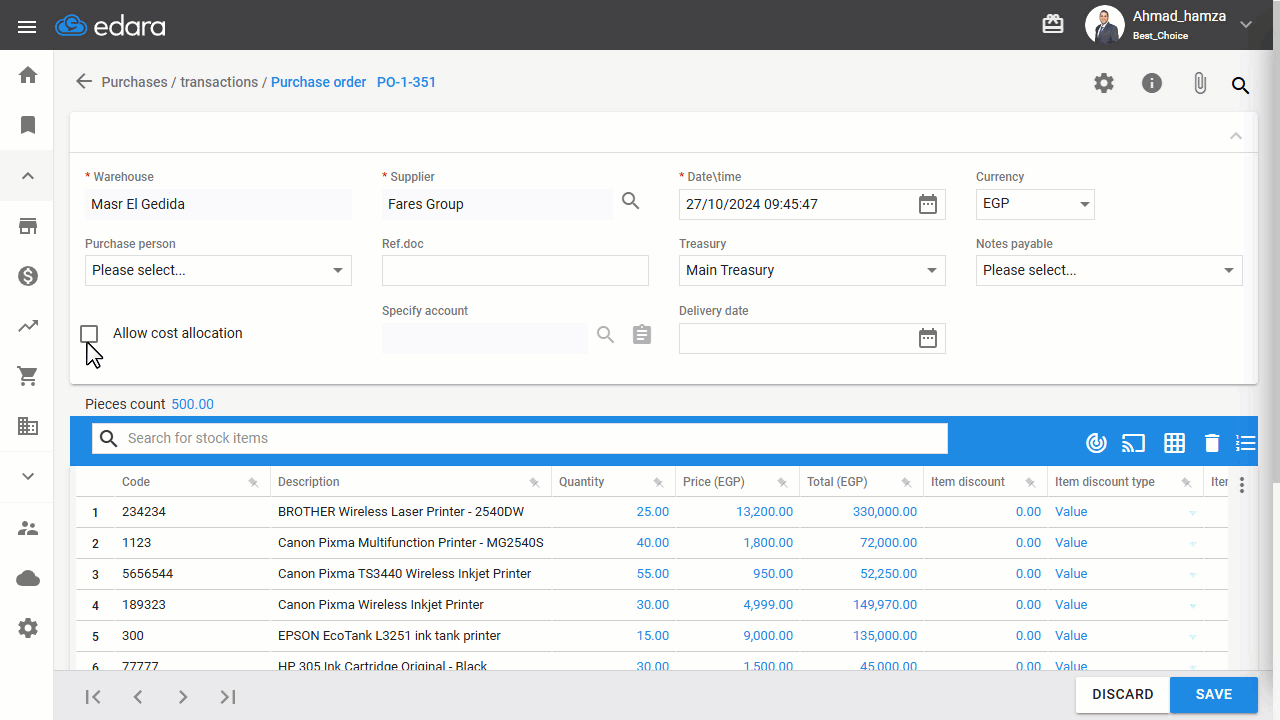 Allowing cost allocation in Purchase Order — At this point, the value of the item price in the Receive supplies linked to…