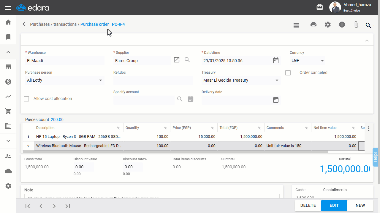 2- Adding Items to the Purchase Order — An uneditable comment will appear in the purchase order, indicating the market value…
