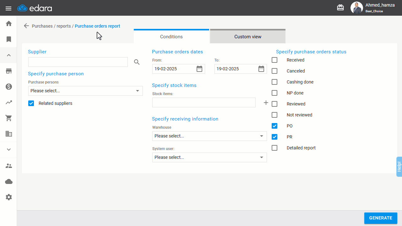 Displaying Purchase Orders with User Details for Inserting and Updating — Click on "Generate".