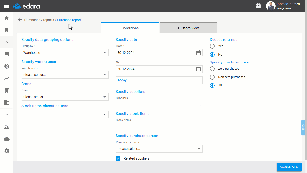 Viewing the Purchases Report — Click on “Generate”.