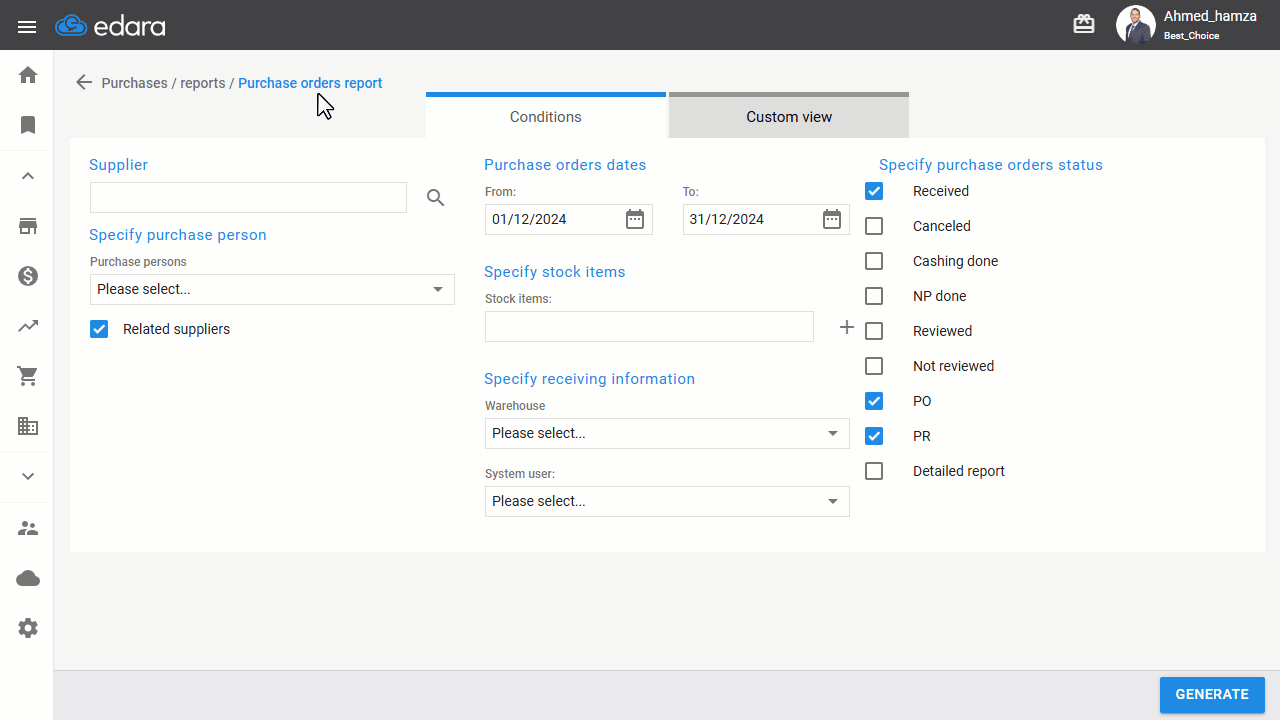 Viewing the Detailed Purchase Orders Report for a Supplier — Click on “Generate”.