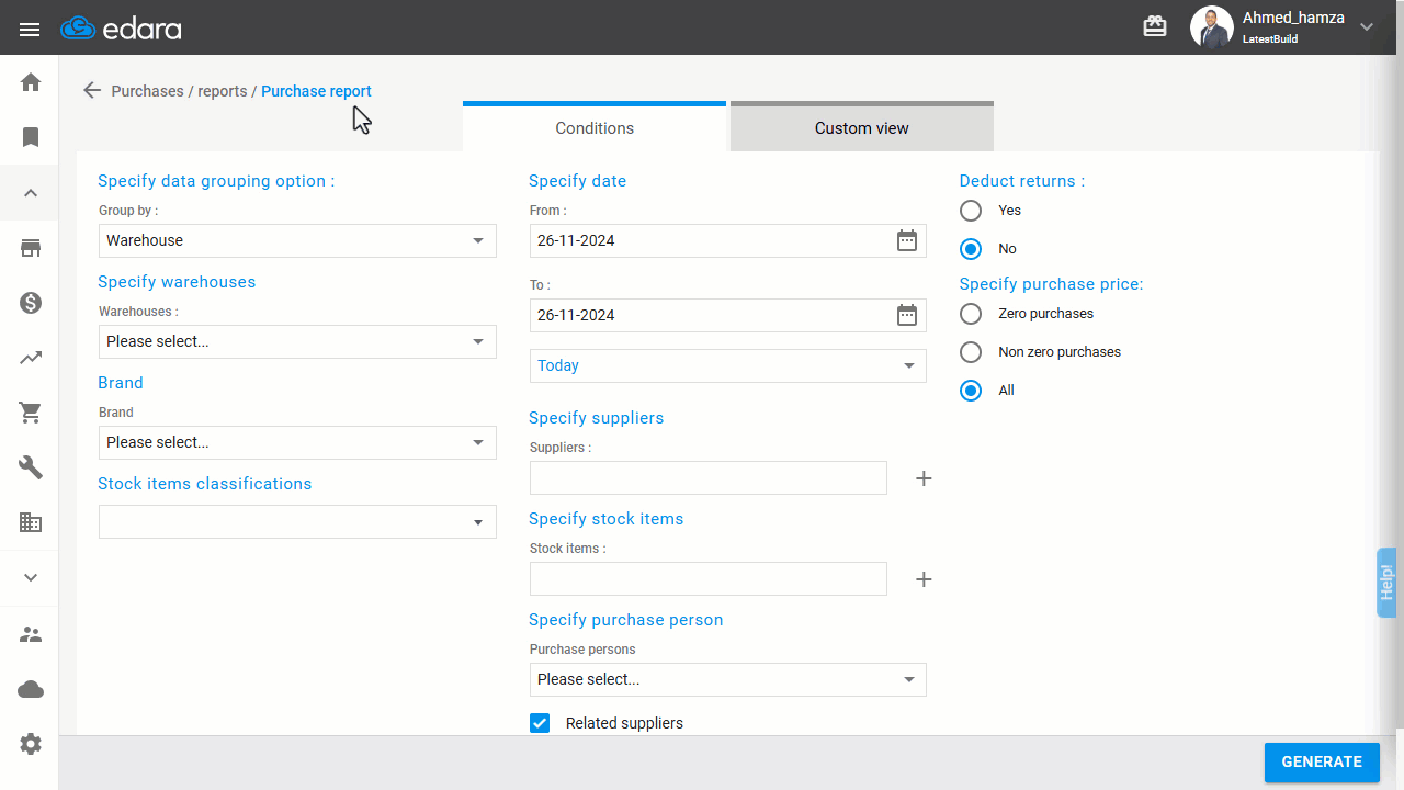 Viewing the Purchase Report for Specific Items During a Period — Click "Generate".