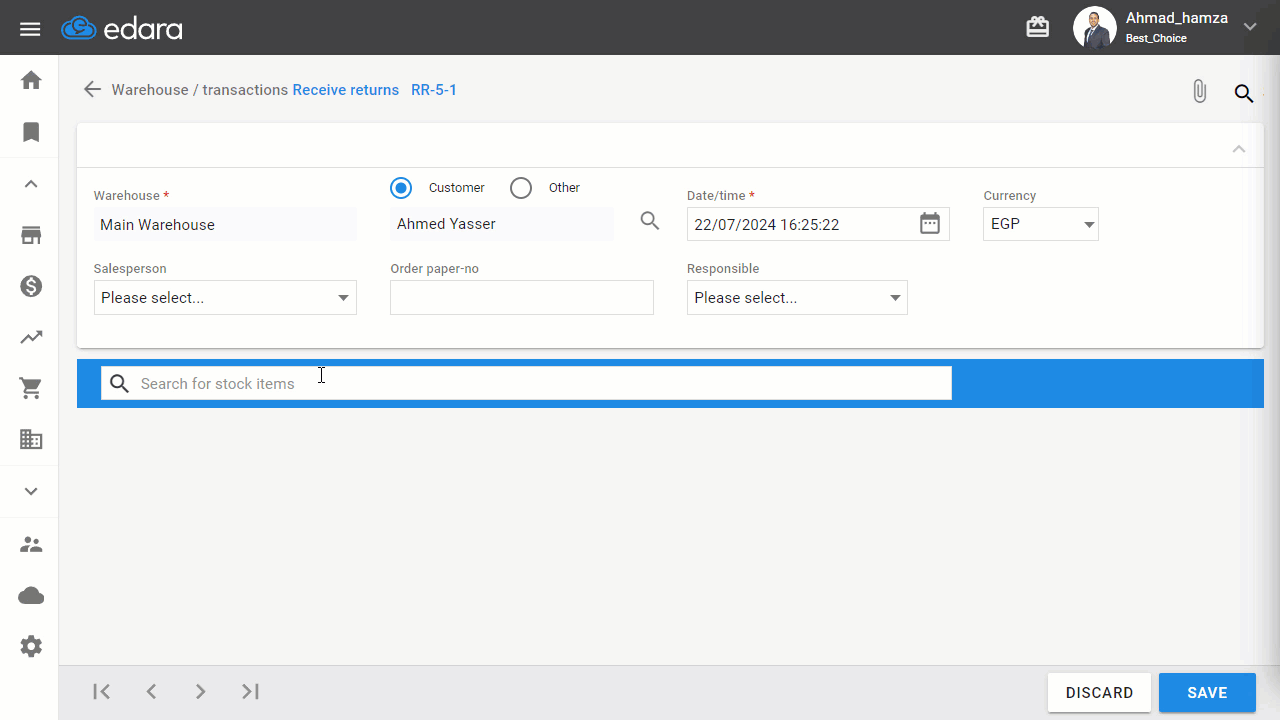 Creating Receive returns through Warehouse — Click "Save"