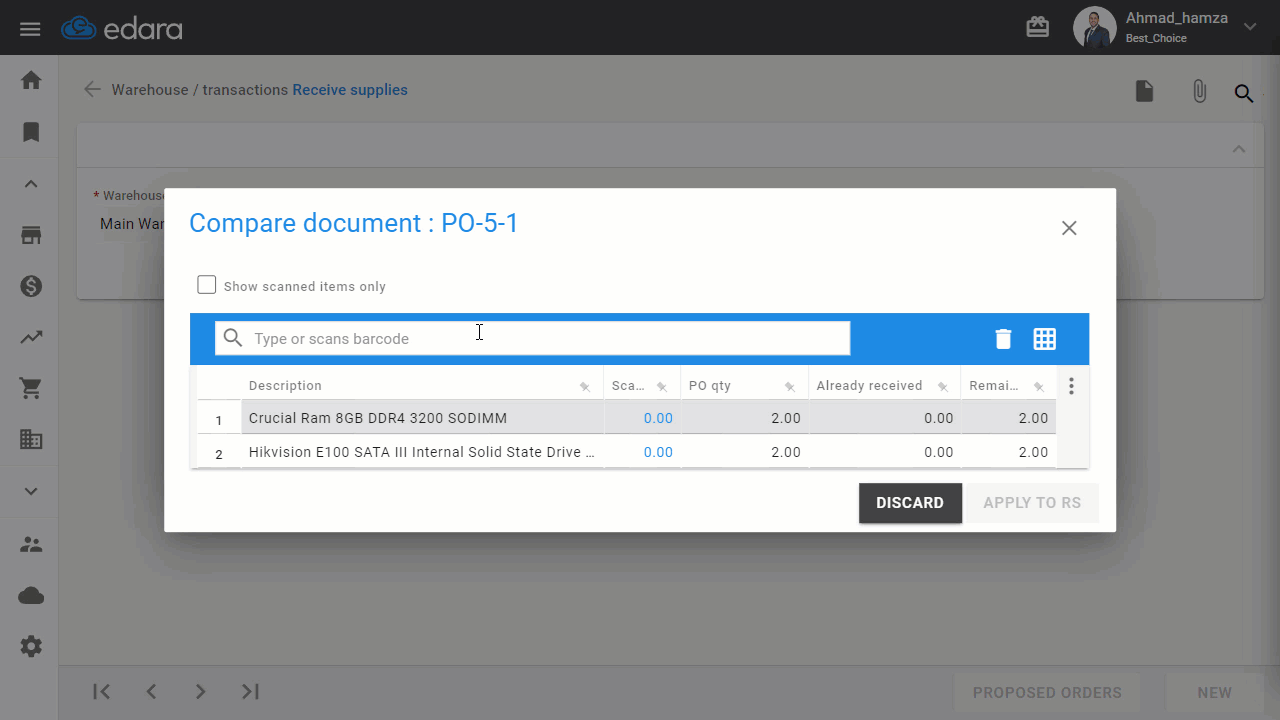 Comparing Receive supplies with Purchase Order using a Barcode Scanner — Click "Apply to RS,", and the program will take you…