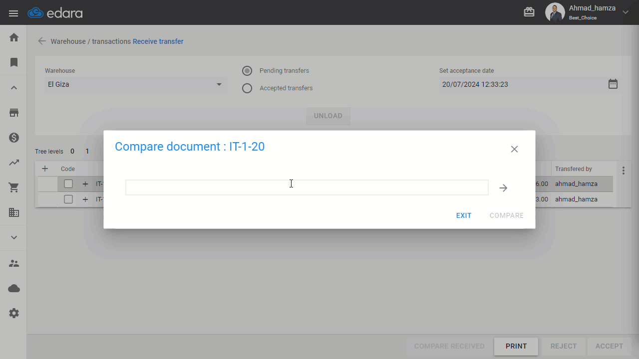Comparing Transfer Order Items with Received Items — Click on "Compare"