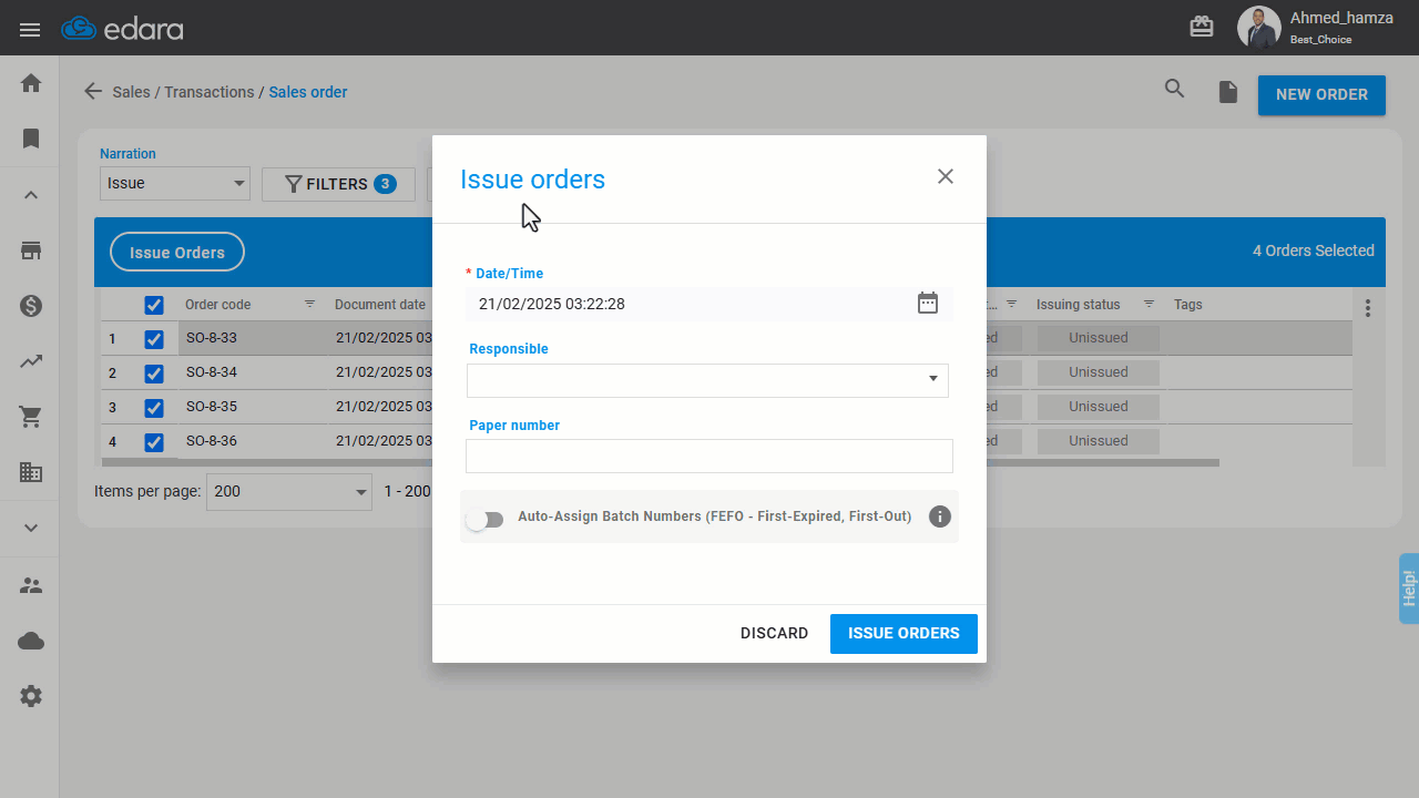 Using Auto-Assign Batch Numbers for Bulk Issuing — Click on "Issue Orders".
