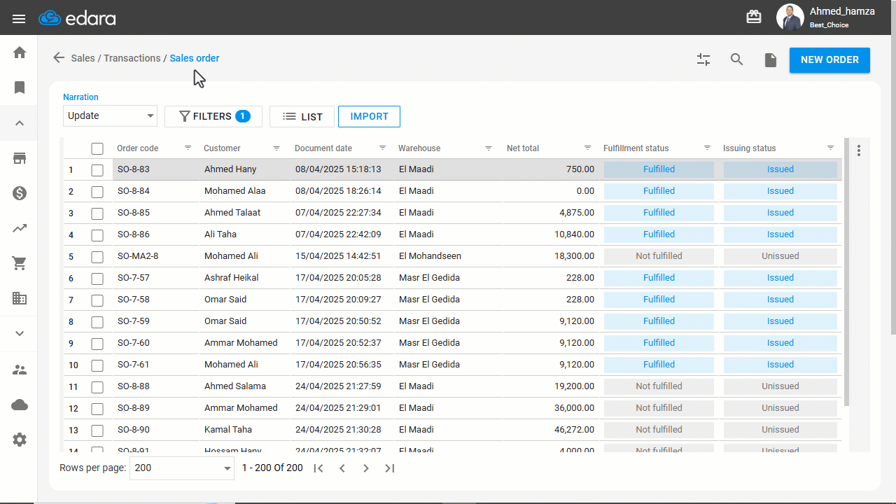 Exporting the Sales Orders Listing Page — Click on "Export".