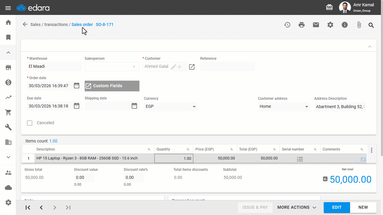 Creating Custom Fields in the Sales Order — Click on "Save".