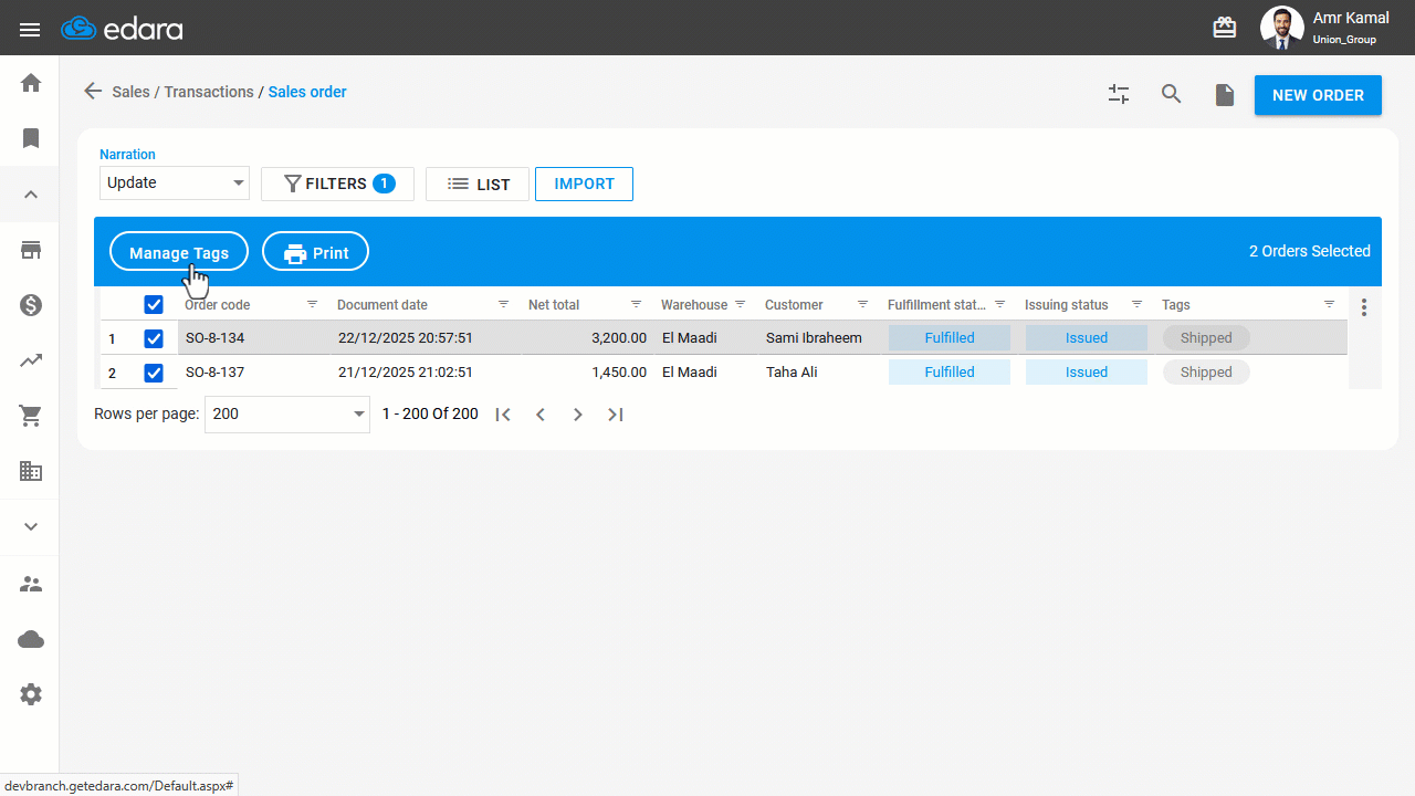 Adding and Removing Tags for Sales Orders in Bulk — Click on “Add Tag(s)”.