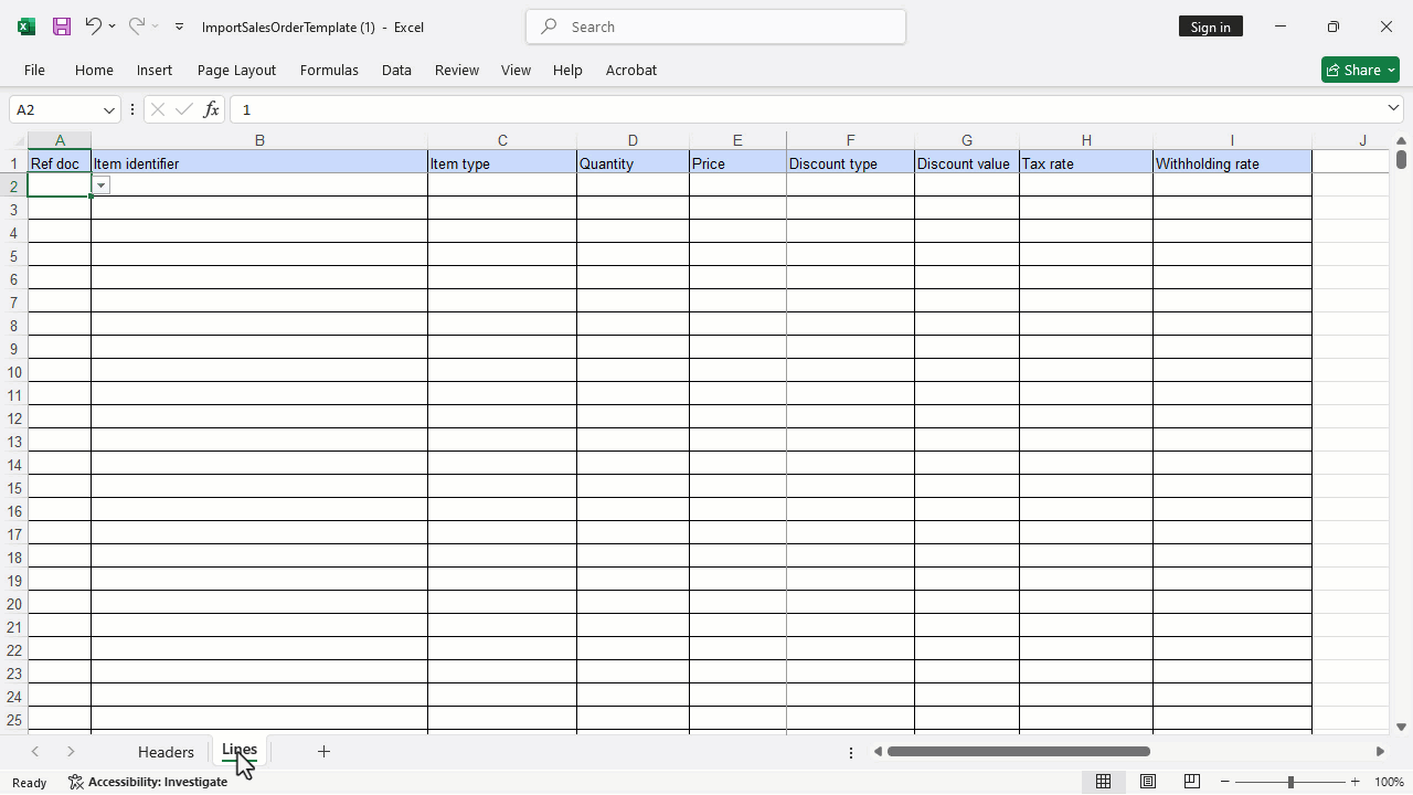 Bulk Importing of Sales Orders — Enter the detailed data for each sales order in the "Lines" sheet, linking it to the…
