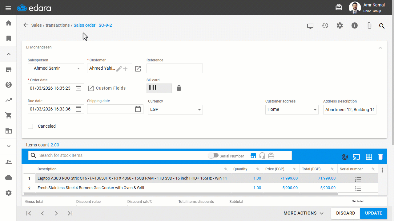Enabling and Using the Sales Order Card — For previously saved sales orders, add the new items, then click on “Update”.