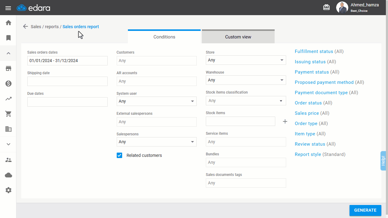 Viewing Canceled Sales Orders — Click on "Generate".
