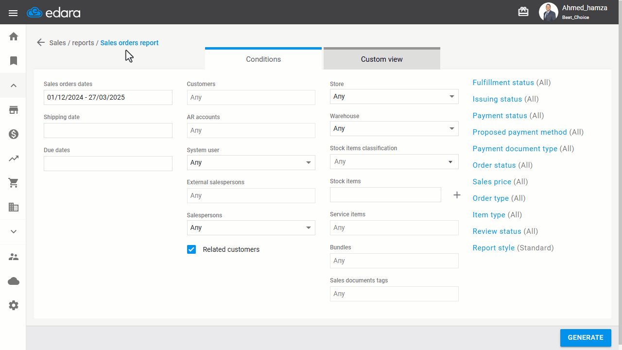 Viewing Returns for a Specific Customer and a Stock Item — Click on "Generate".