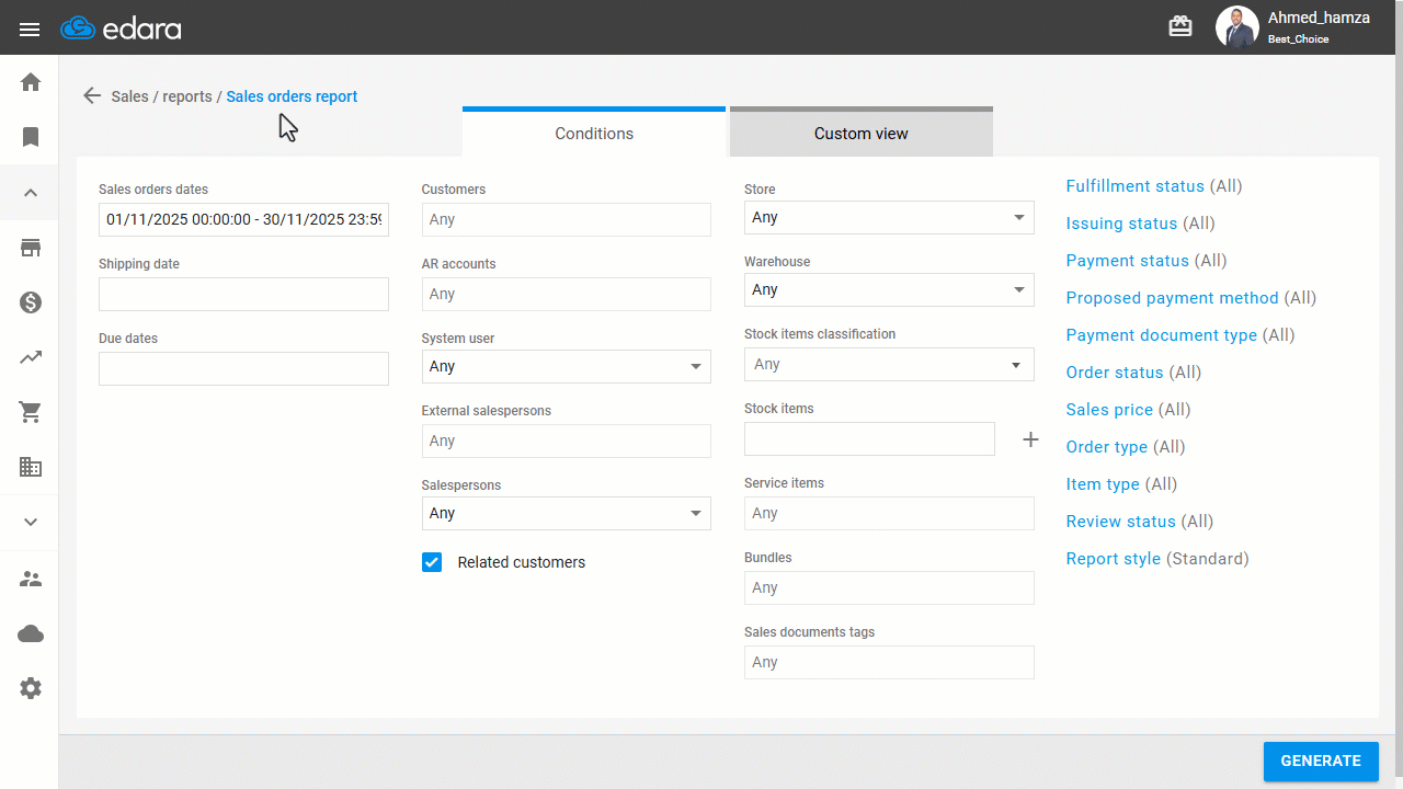Viewing Returned Items in the Sales Orders Report — Click on “Generate”