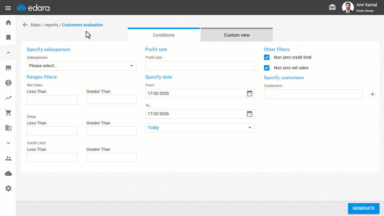 Displaying the Customer Evaluation Report — Click on “Generate”.