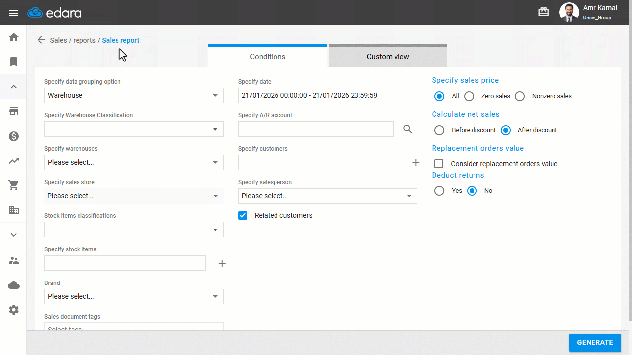 Displaying the Sales Report Grouped by Stock Items — Click on "Generate".