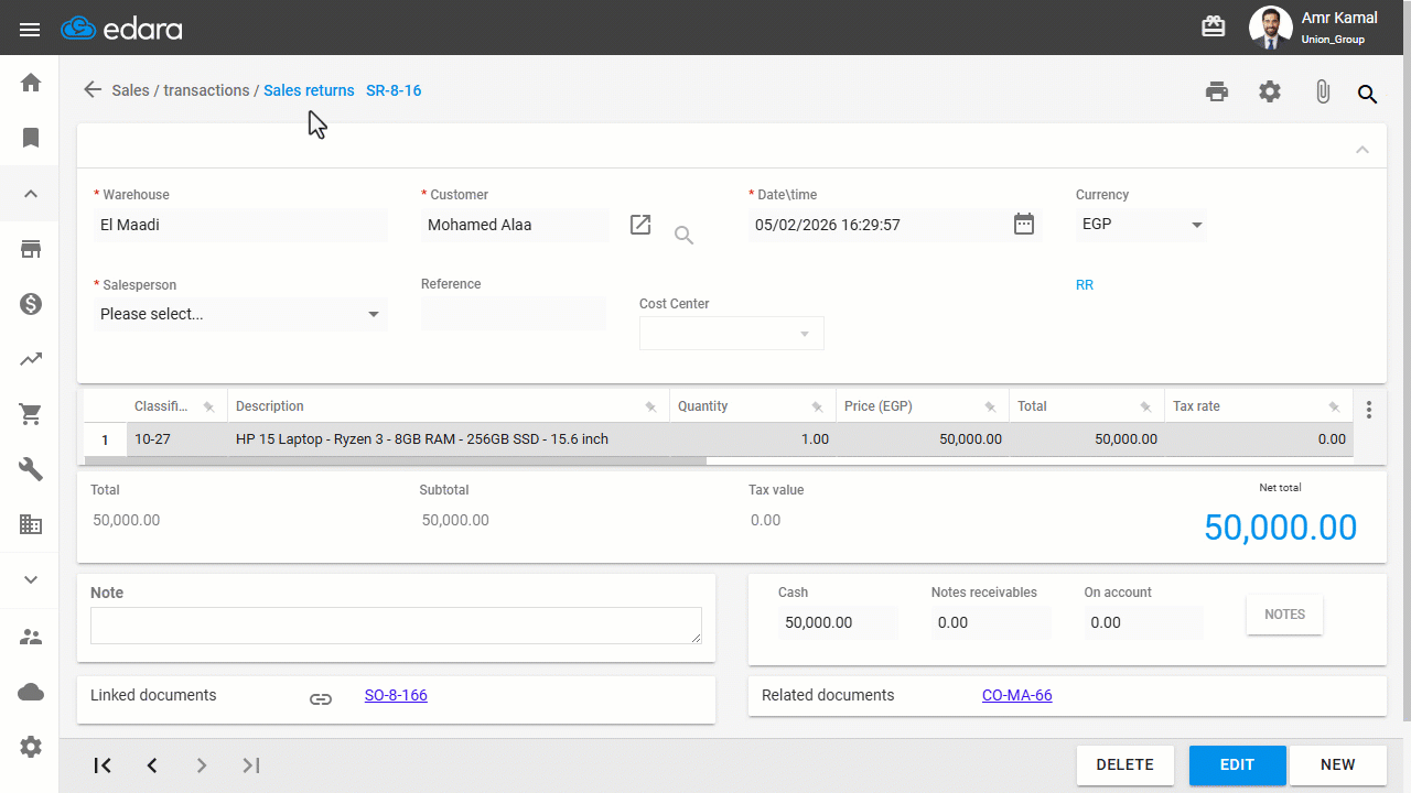 Second: Deleting Related Transactions — Make sure to delete all transactions related to the sales return, such as Cash out…