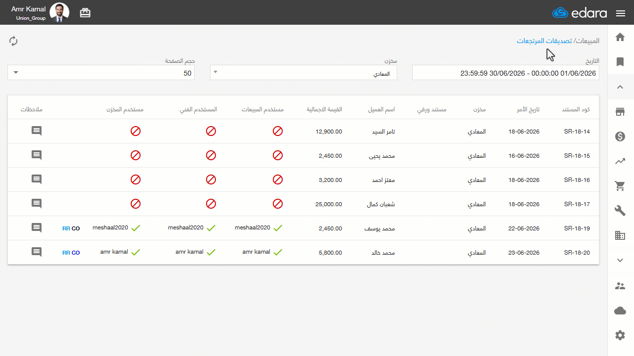 ثالثًا: إلغاء التصديقات على مرتجع مبيعات — اضغط على "تحديث".