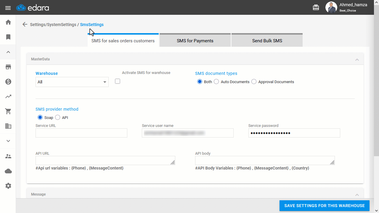 Step 4: Enabling SMS for Specific Warehouses — Click on “Save Settings for this Warehouse”.