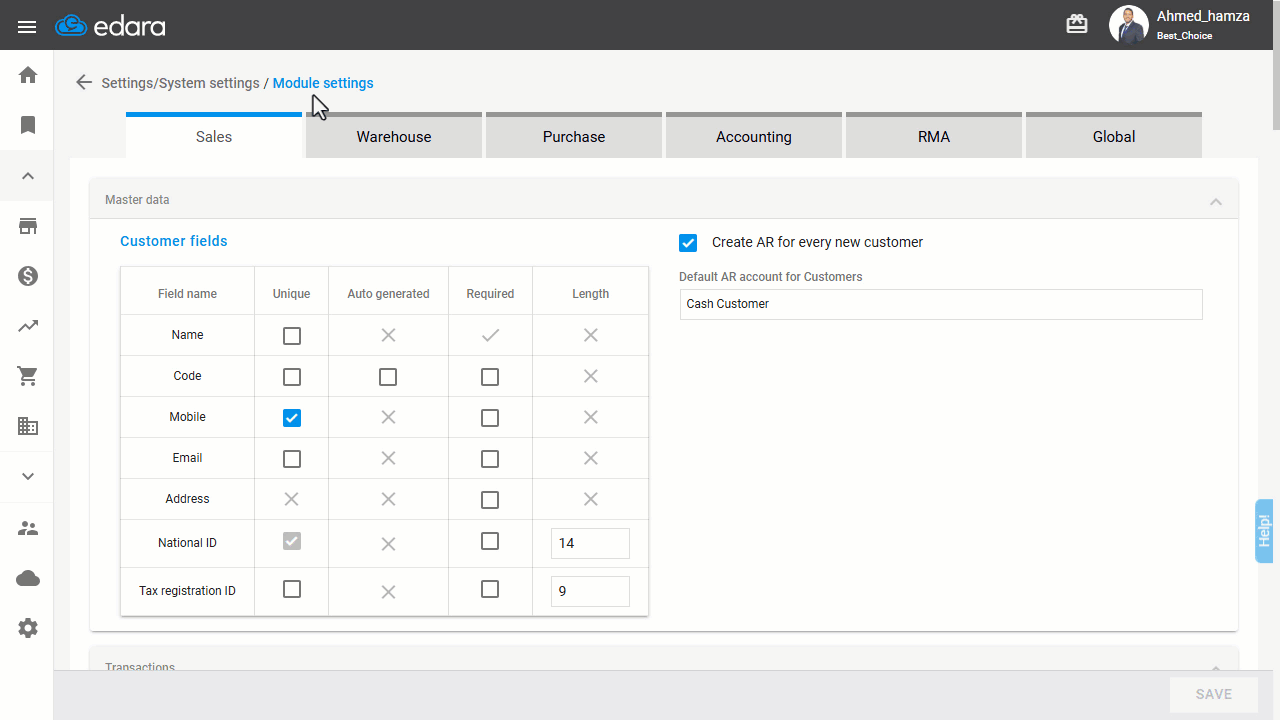 Configuring National ID and Tax Registration ID Settings for Customers — Click "Save".