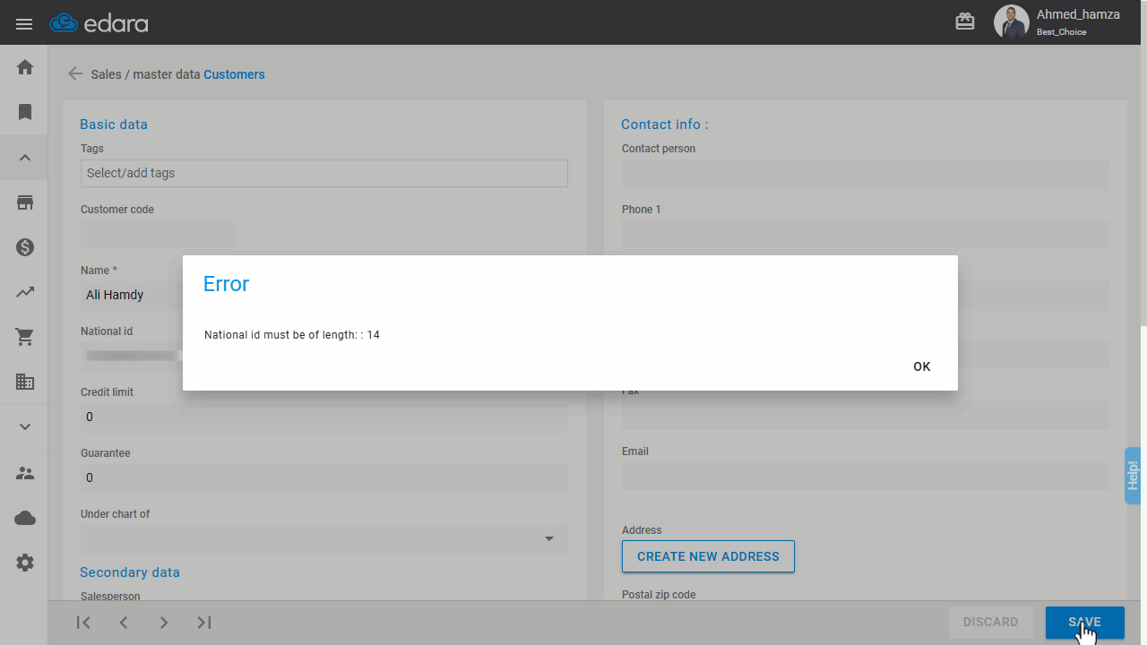 Configuring National ID and Tax Registration ID Settings for Customers — Click "Save".