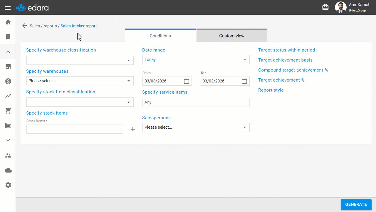 Displaying the Sales Target Report — Click on "Generate".