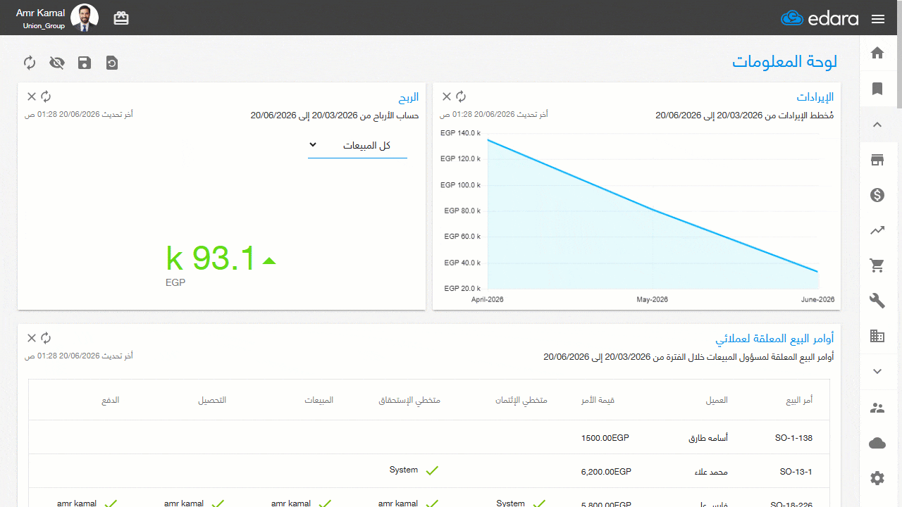 استعراض أوامر البيع المعلقة لعملائي — ستظهر أوامر البيع المعلقة لعملائك وعملاء مسؤولي المبيعات التابعين لك.