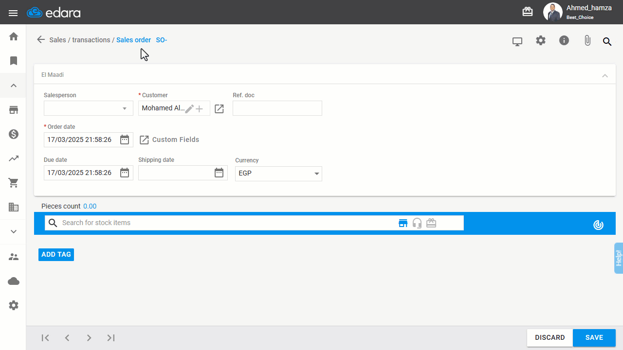 Searching for a Sales Bundle in a Sales Order — Search for sales bundles by typing the desired name.