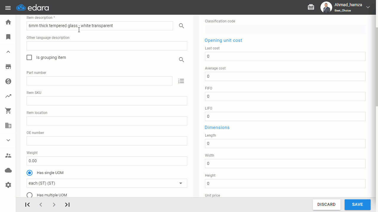 Creating Stock Items with Dimensions — Click "Save"