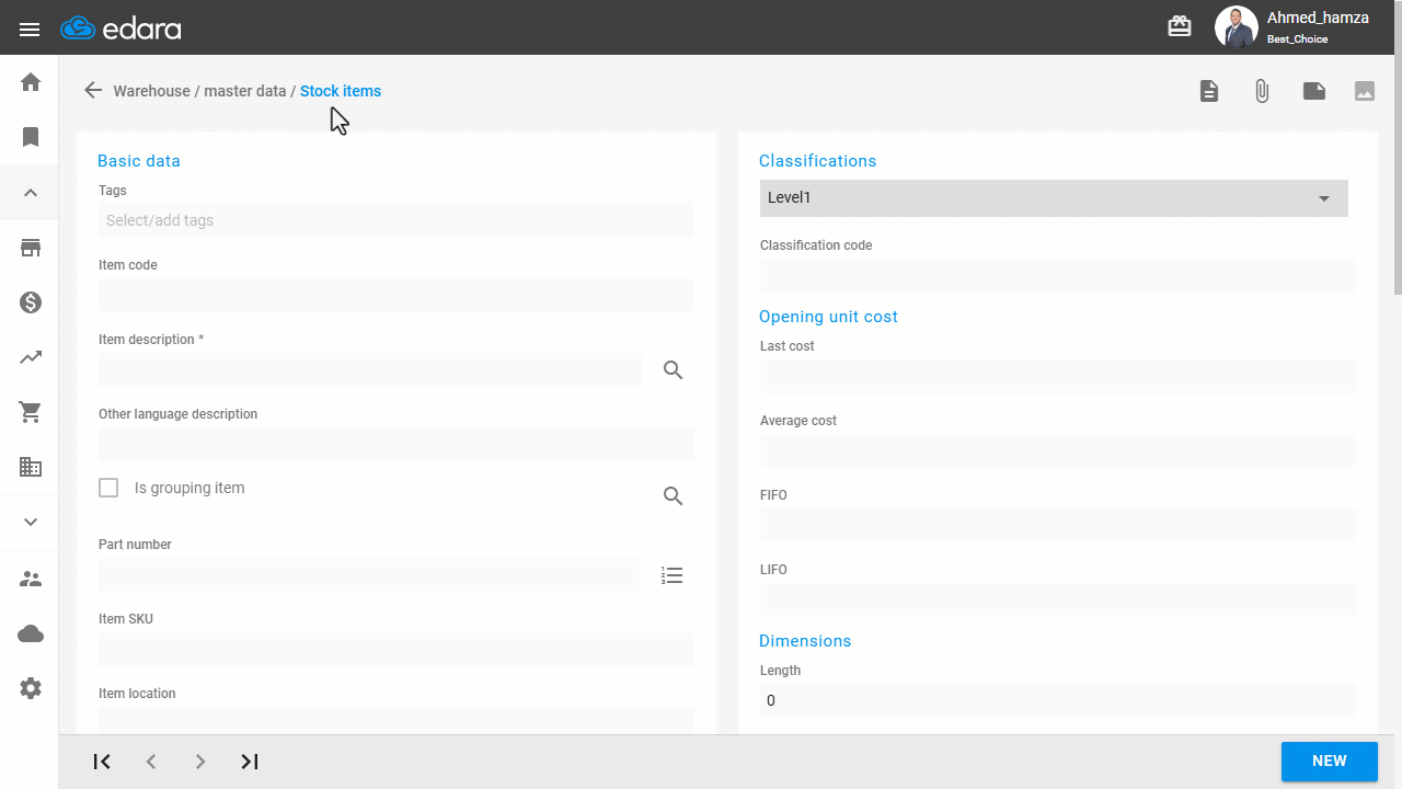 Creating a stock item with a unit of measure — Click on "Save".