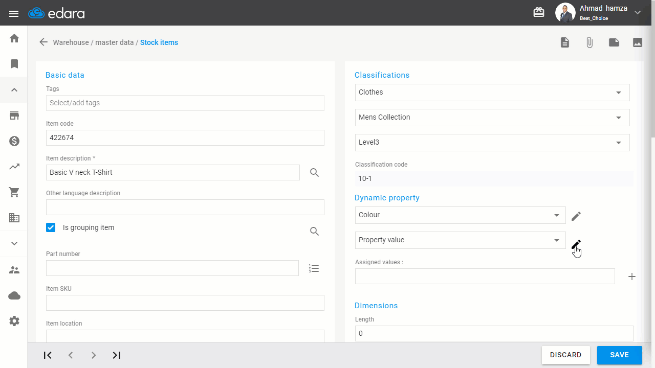 Creating a Grouping Stock Item — Click “+” to assign the value