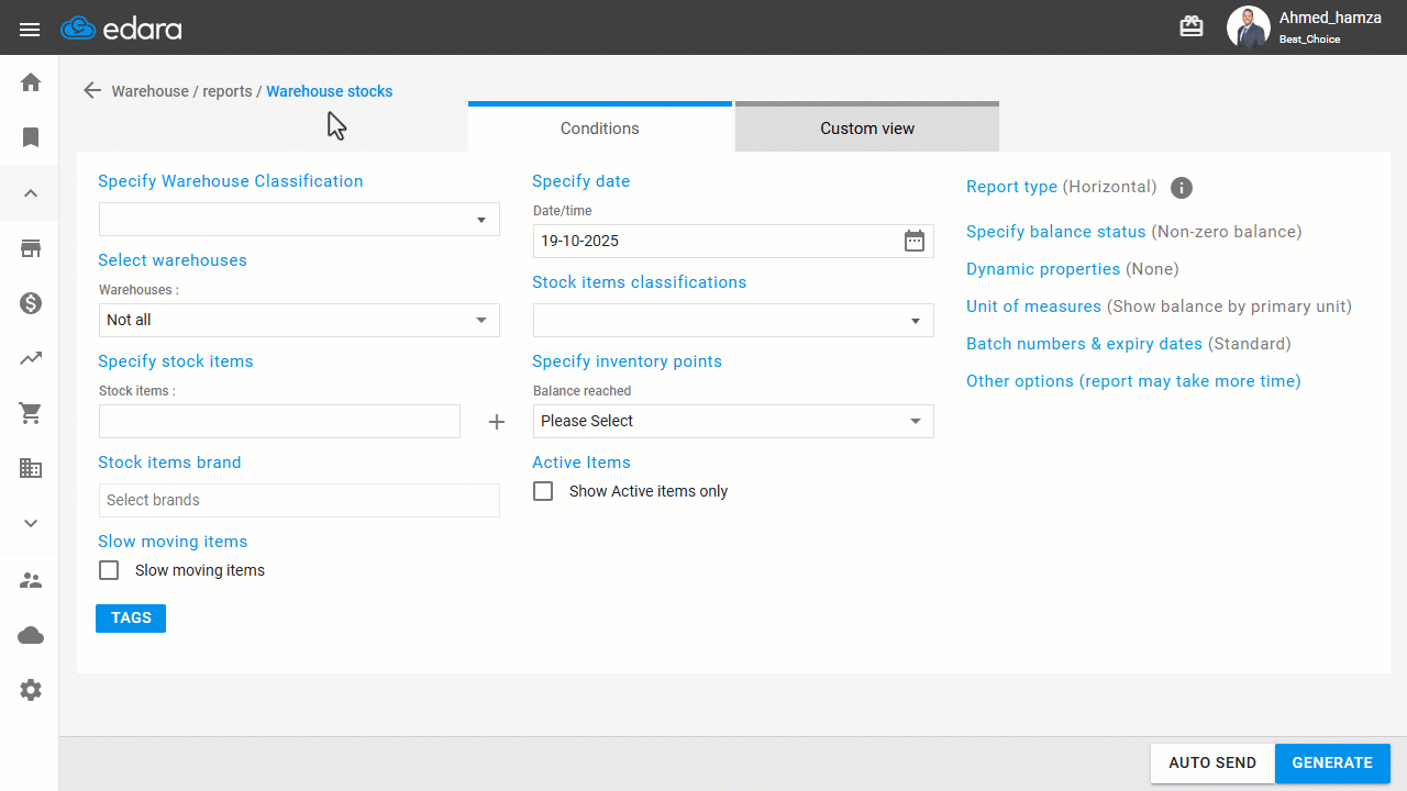 Selecting the Warehouse Stocks Report Type — The “Detailed” option under the “Batch Numbers & Expiry Dates” section is…