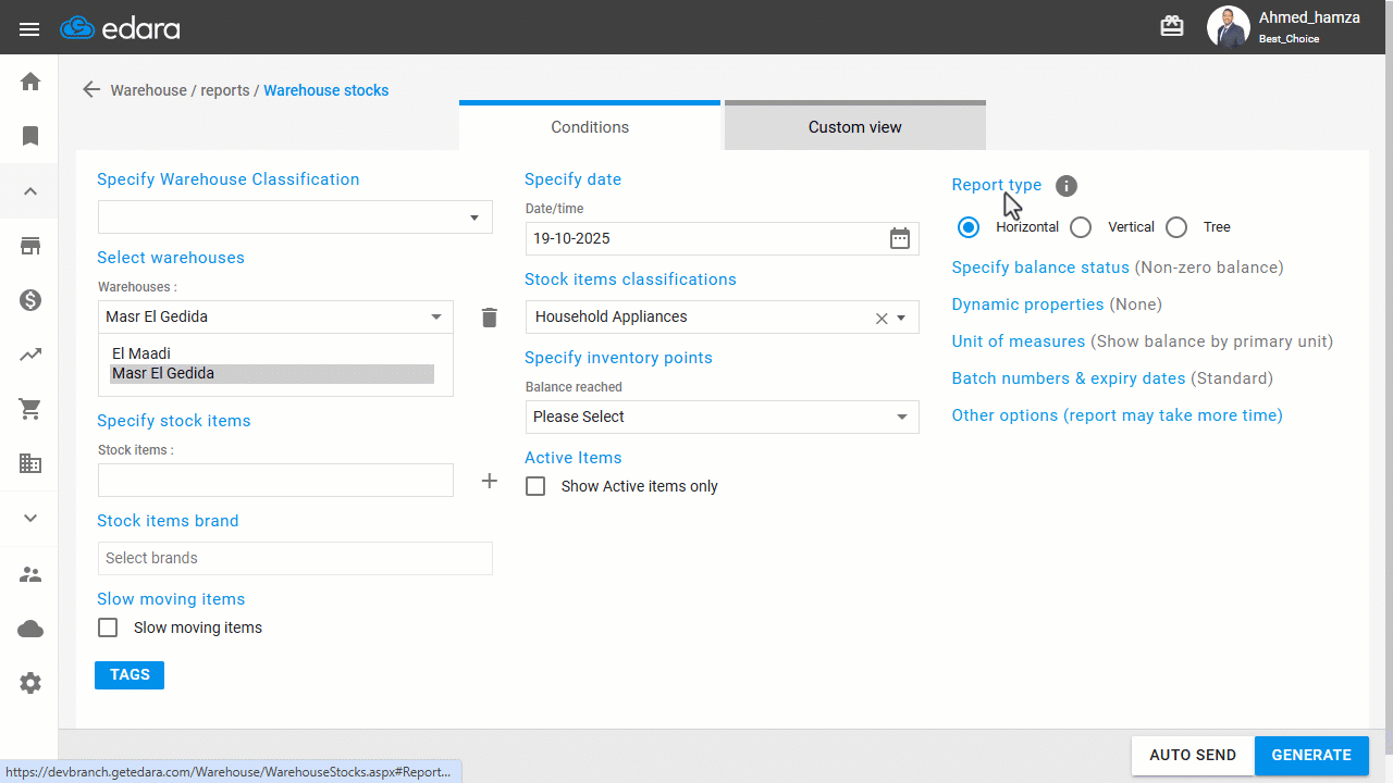 Selecting the Warehouse Stocks Report Type — The ”All” option in the “Specify balance status” section is disabled, as it is…