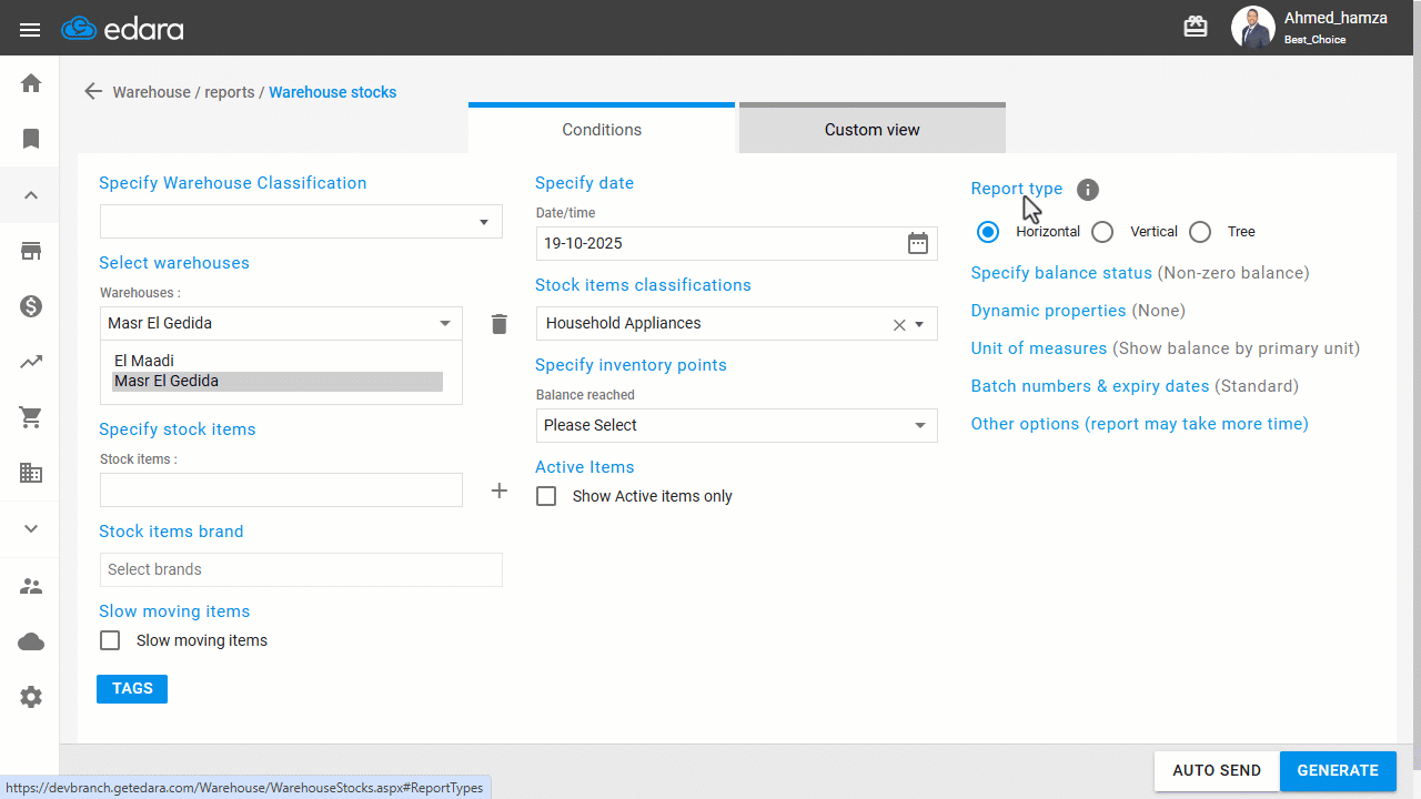 Selecting the Warehouse Stocks Report Type — The data is grouped by item, and the warehouse name is displayed within the…