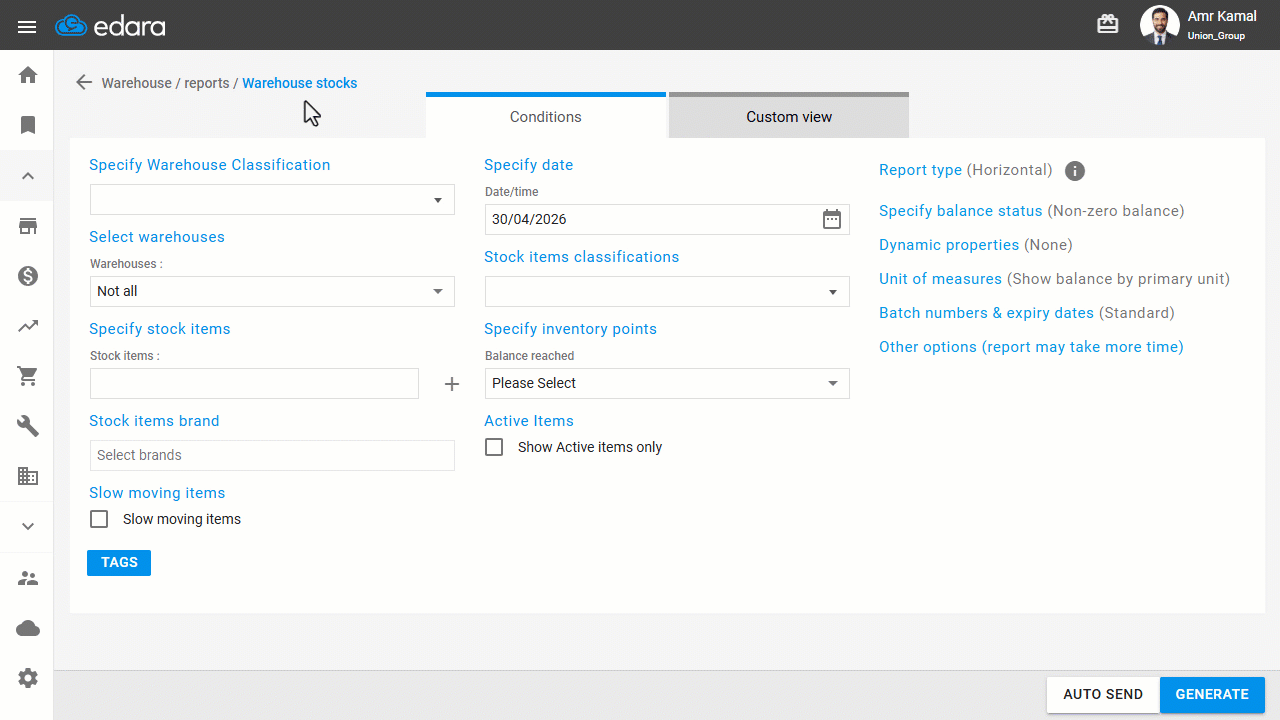 Displaying Reorder Point Stock Items at the Warehouse Level — Click on "Generate".